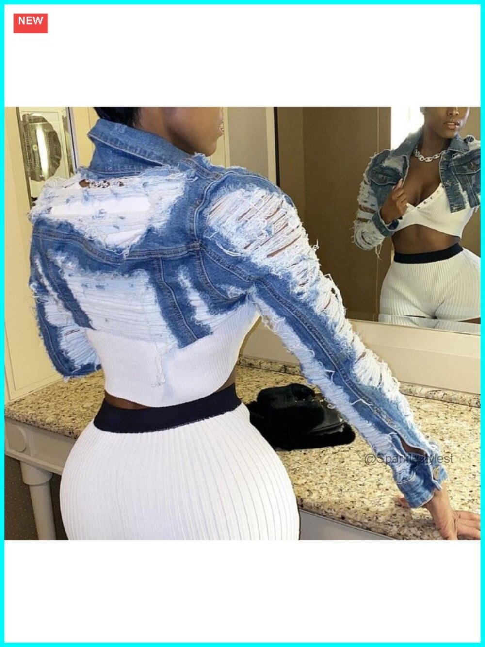 Cropped Denim Jean Jacket Ripped Long Sleeve Button Down - Picture 3 of 6